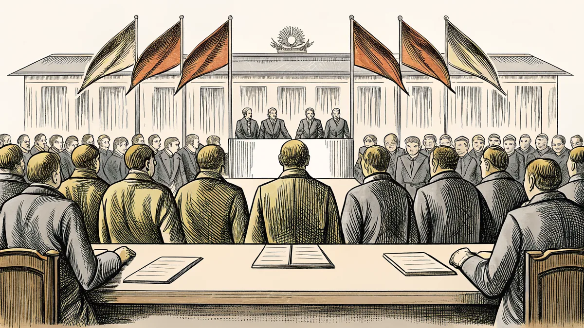 Showing delegates ratifying a charter, a historic signing ceremony depicts governance