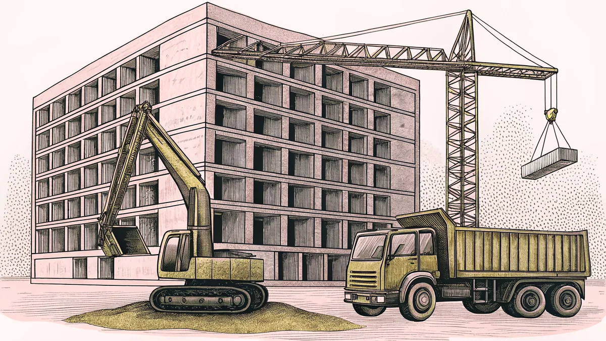 Heavy construction equipment including an excavator, crane, and dump truck on a work site.