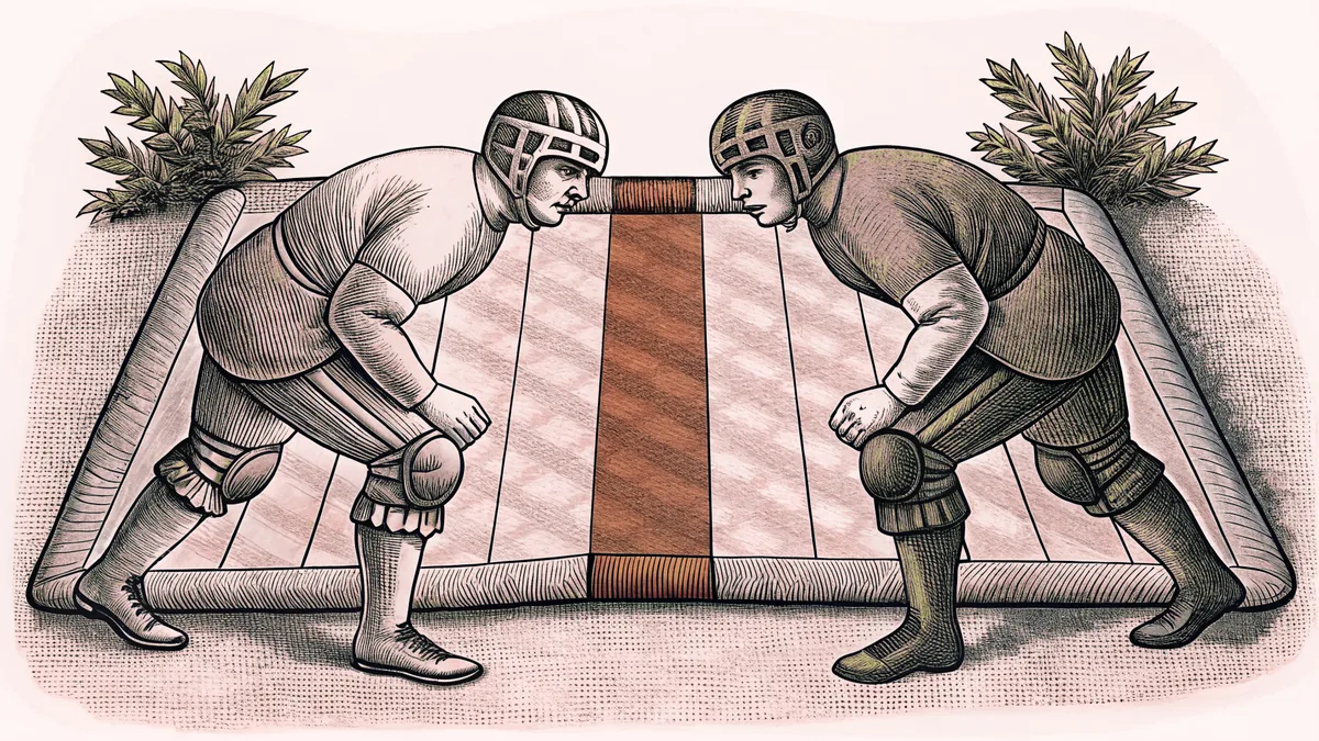 Two athletes face off on a padded mat wearing protective sports gear.