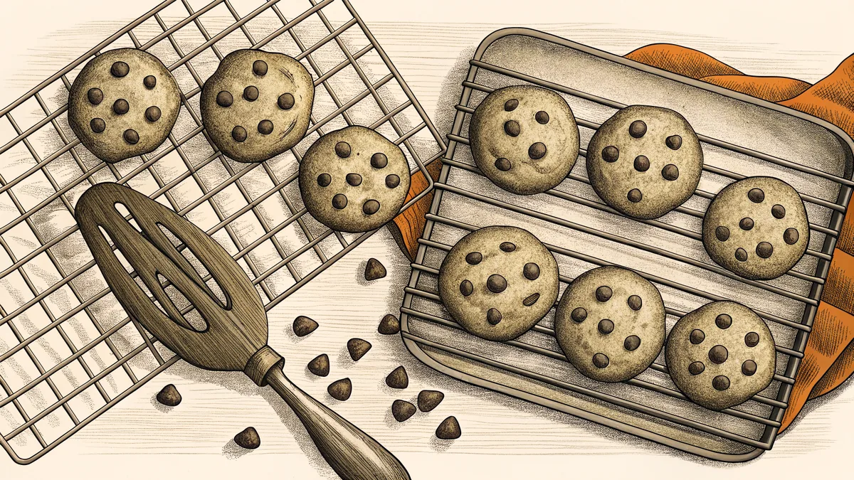 Kitchen counter with cooling cookies on rack and chocolate chips.