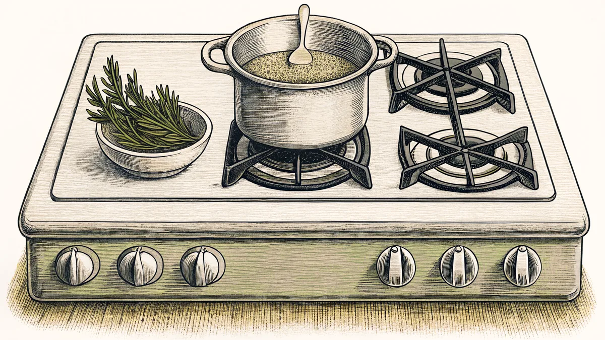 Cooking scene with simmering pot, whisking bowl, fresh herbs, and garnish.