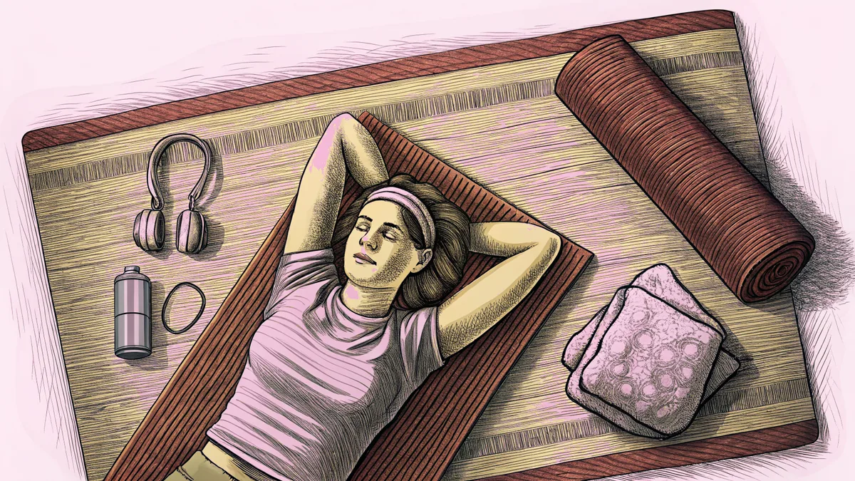 Person stretching on a yoga mat while enjoying music through headphones.
