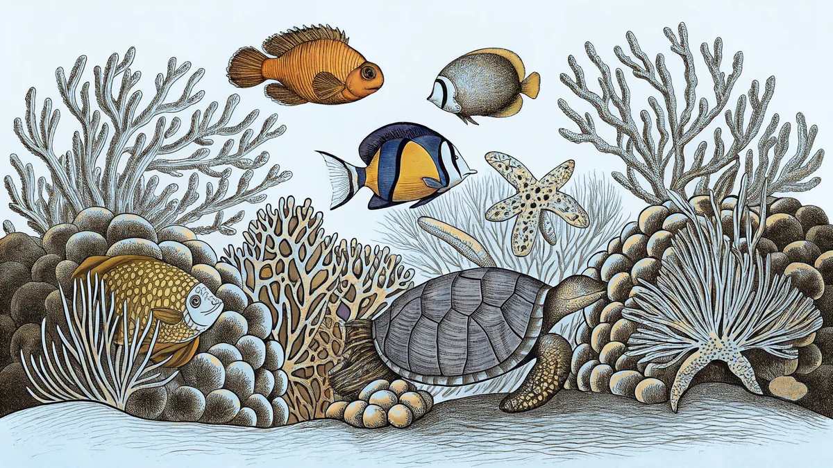 Colorful coral reef teeming with tropical fish and sea creatures among corals.