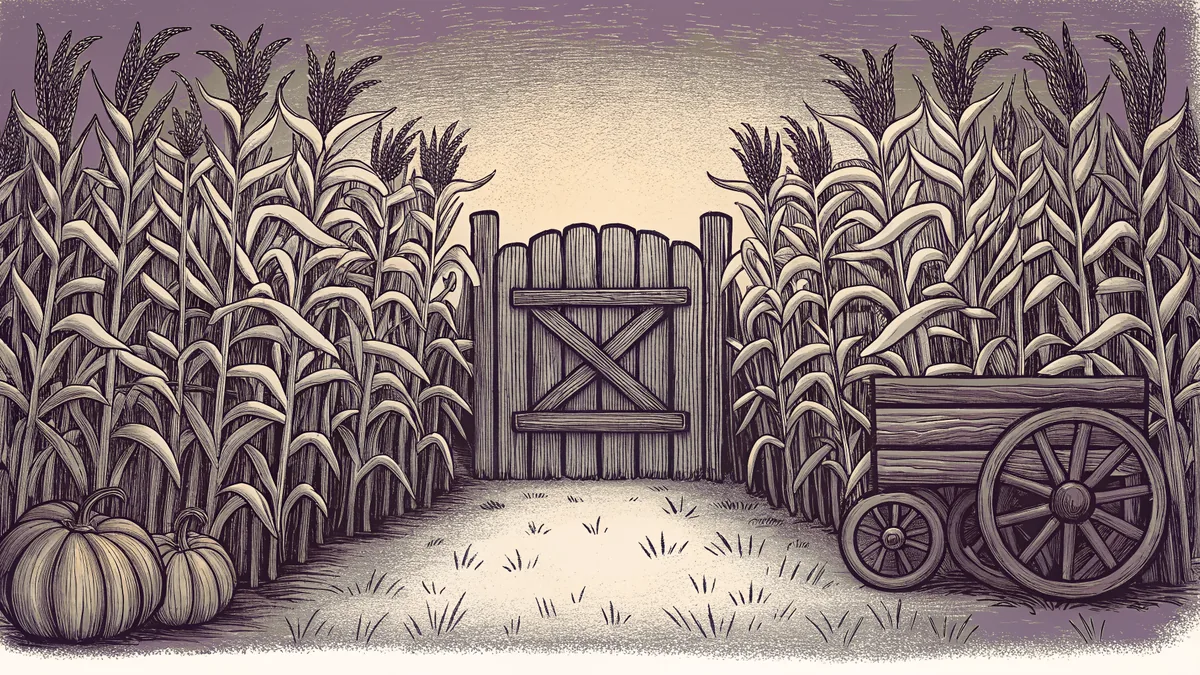 Winding corn maze with rows and farm wagon.
