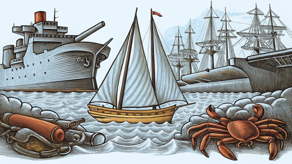 A coastal harbor scene with a historic warship and maritime activities.