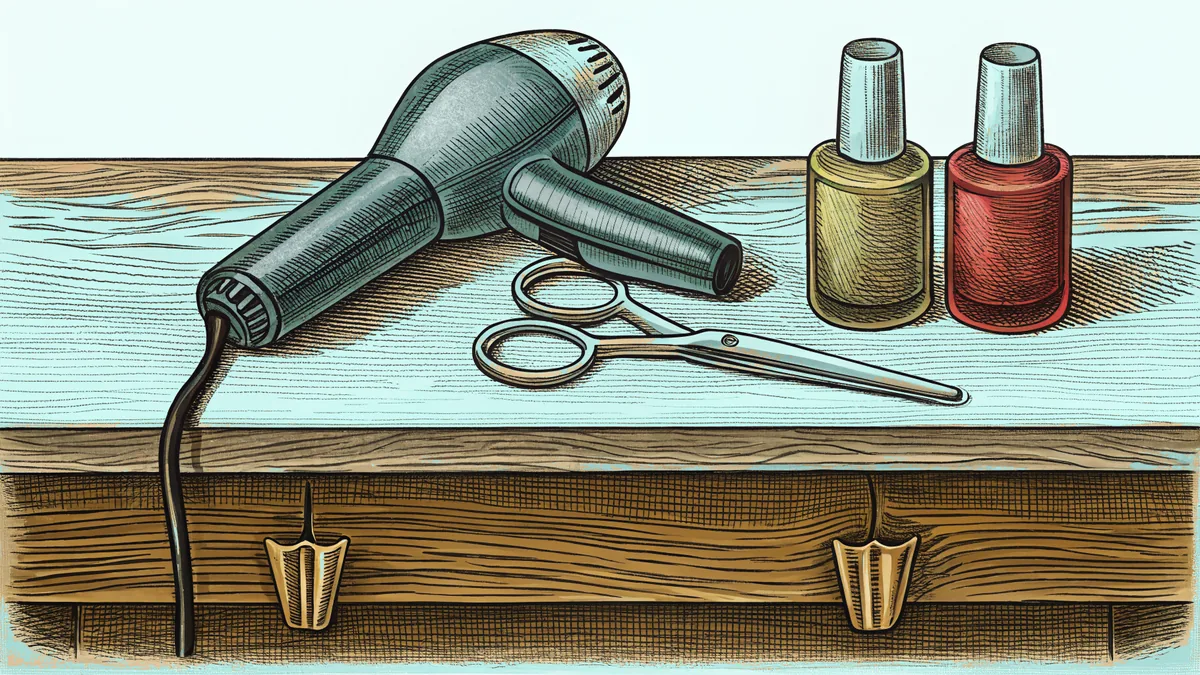 A blow dryer and a pair of scissors rest beside bottles of nail polish on a counter.