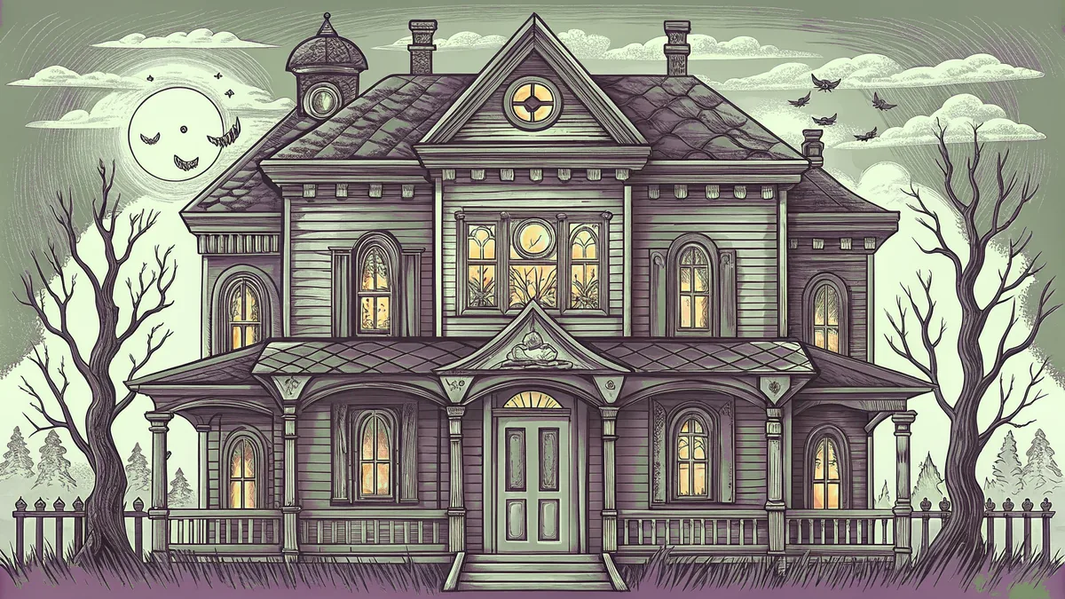Carved pumpkins and cobwebs decorate a spooky house on Halloween night.