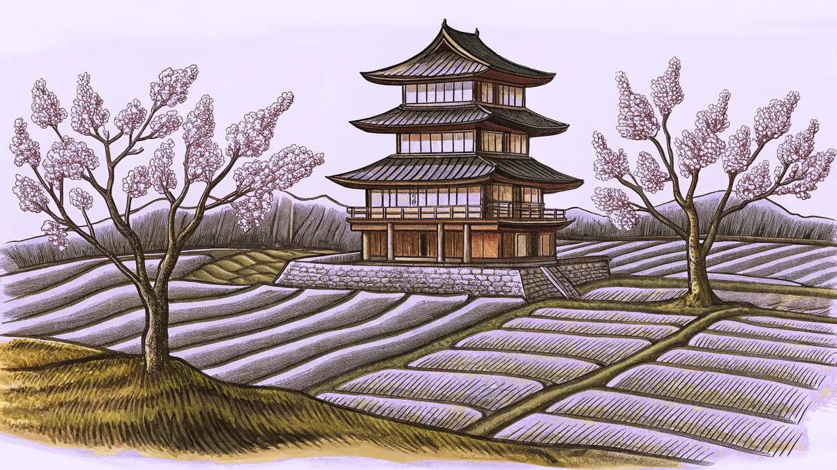 A tiered pagoda overlooks terraced rice paddies beside blossoming cherry branches.