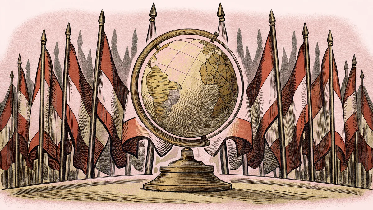 A globe encircled by flags from many nations representing worldwide celebration.