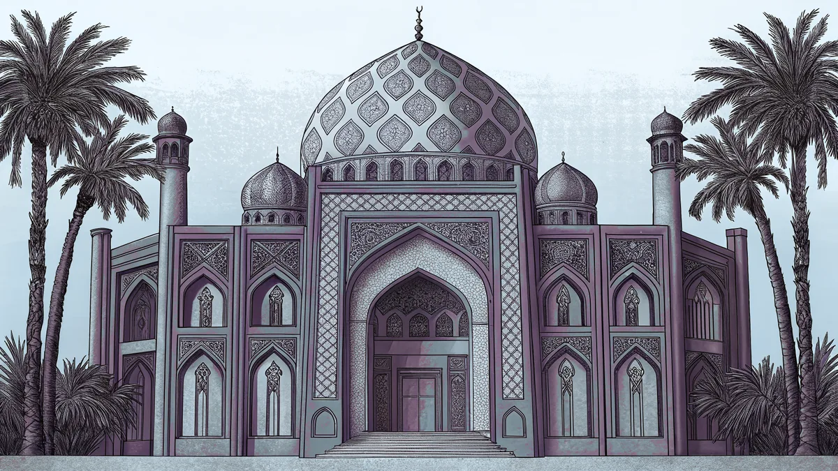 An ornate mosque overlooks a desert oasis lined with tall palm trees.