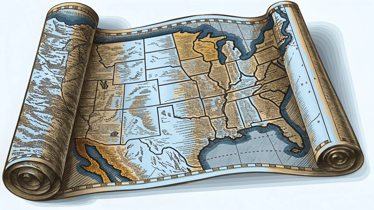 A regional map outlines North American countries and their distinct geographical boundaries.