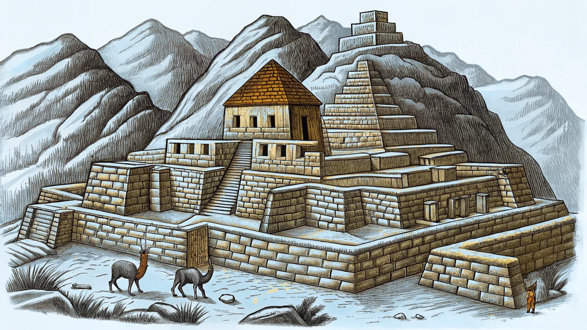 Weathered Incan stone structures crown misty mountains with llamas grazing nearby.