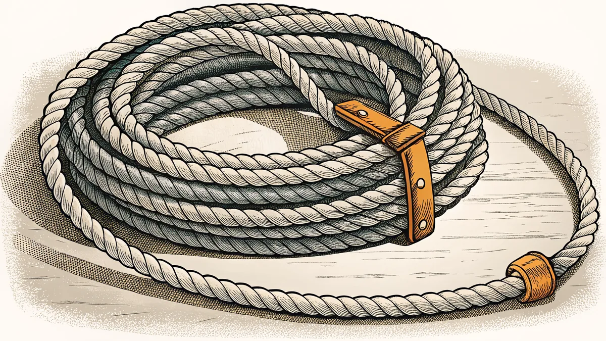 A coiled lariat rope cinched with two riveted leather keepers.