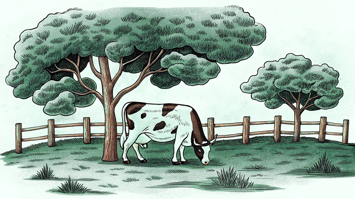 A spotted cow grazes beside a wooden fence in an open green pasture.