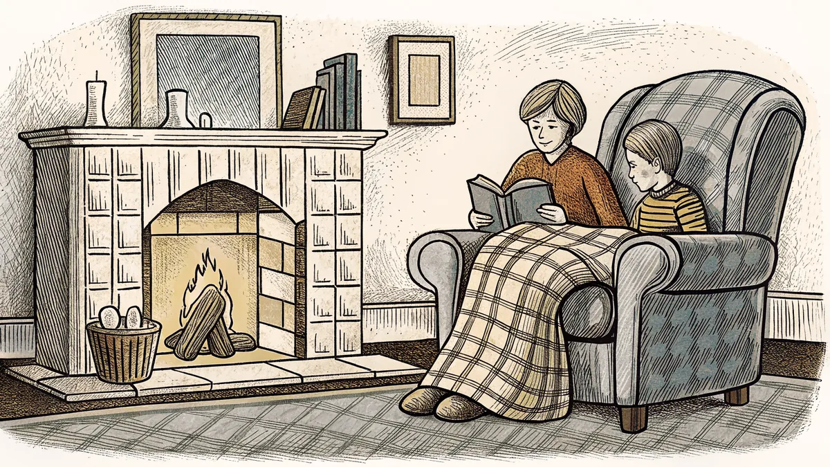 A cozy reading corner features a plaid blanket and quilt beside a warm fireplace.