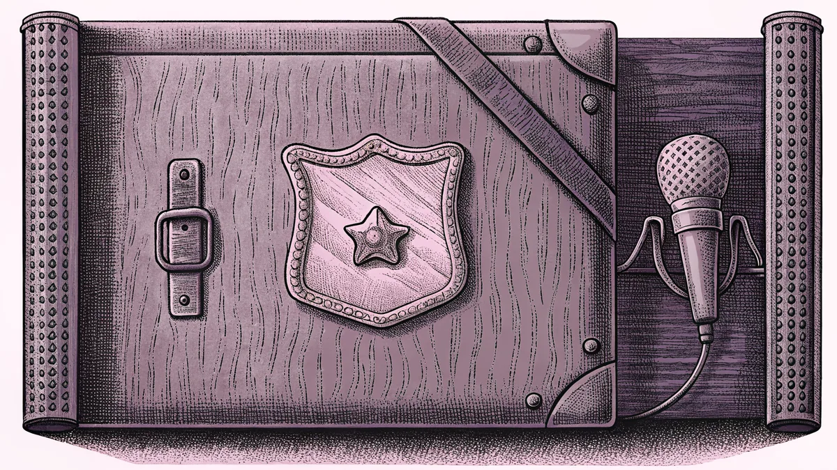 A police badge and microphone are arranged on a dark surface next to case materials.