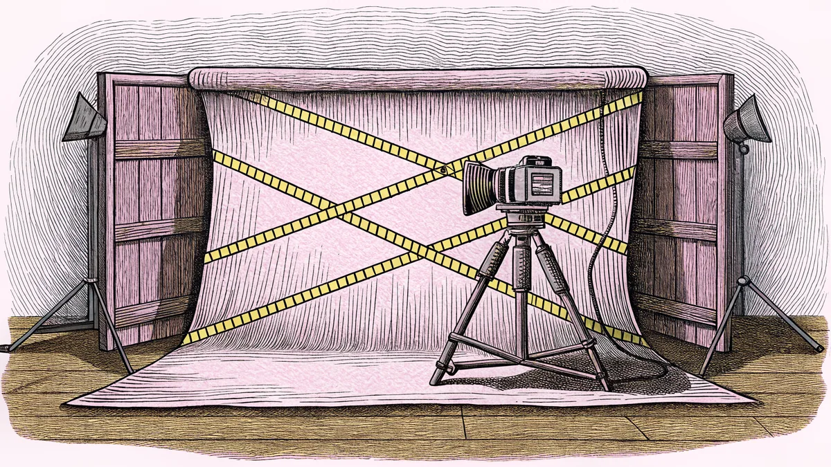 A studio camera sits beside yellow crime-scene tape in dramatic low light.