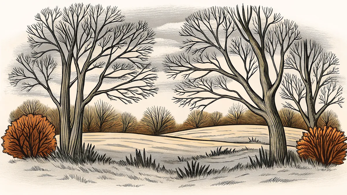 Frost-covered branches beneath a grey autumn sky.