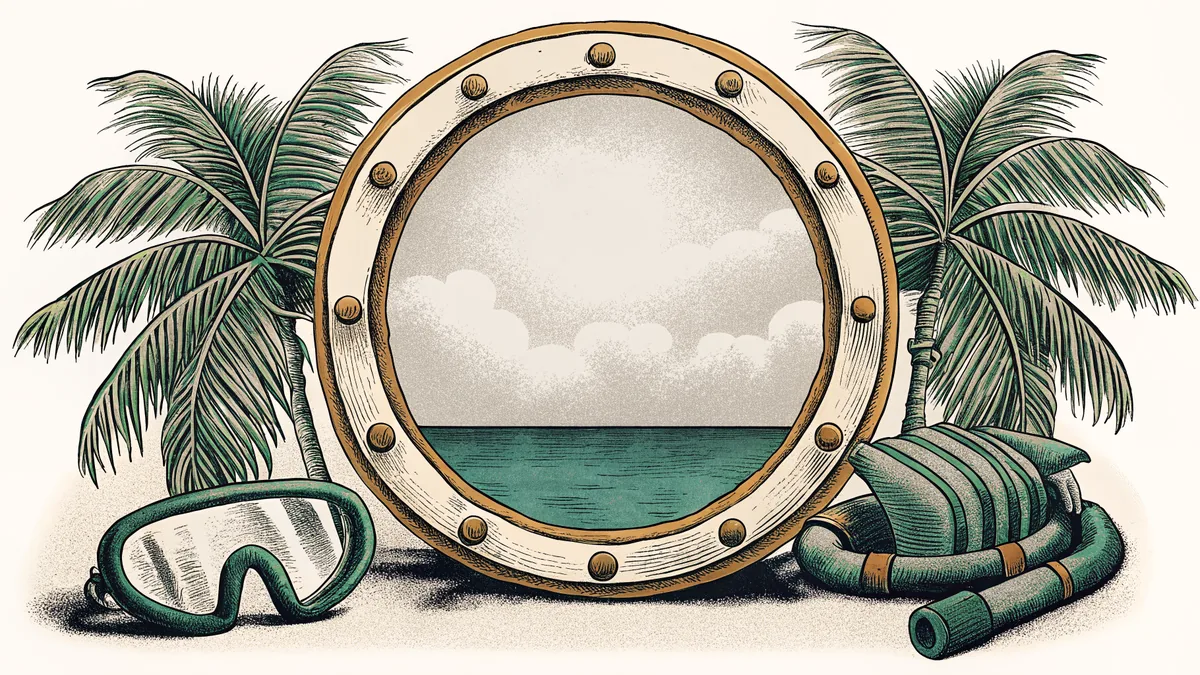 A round porthole overlooks a tropical horizon beside a coil of snorkeling gear.