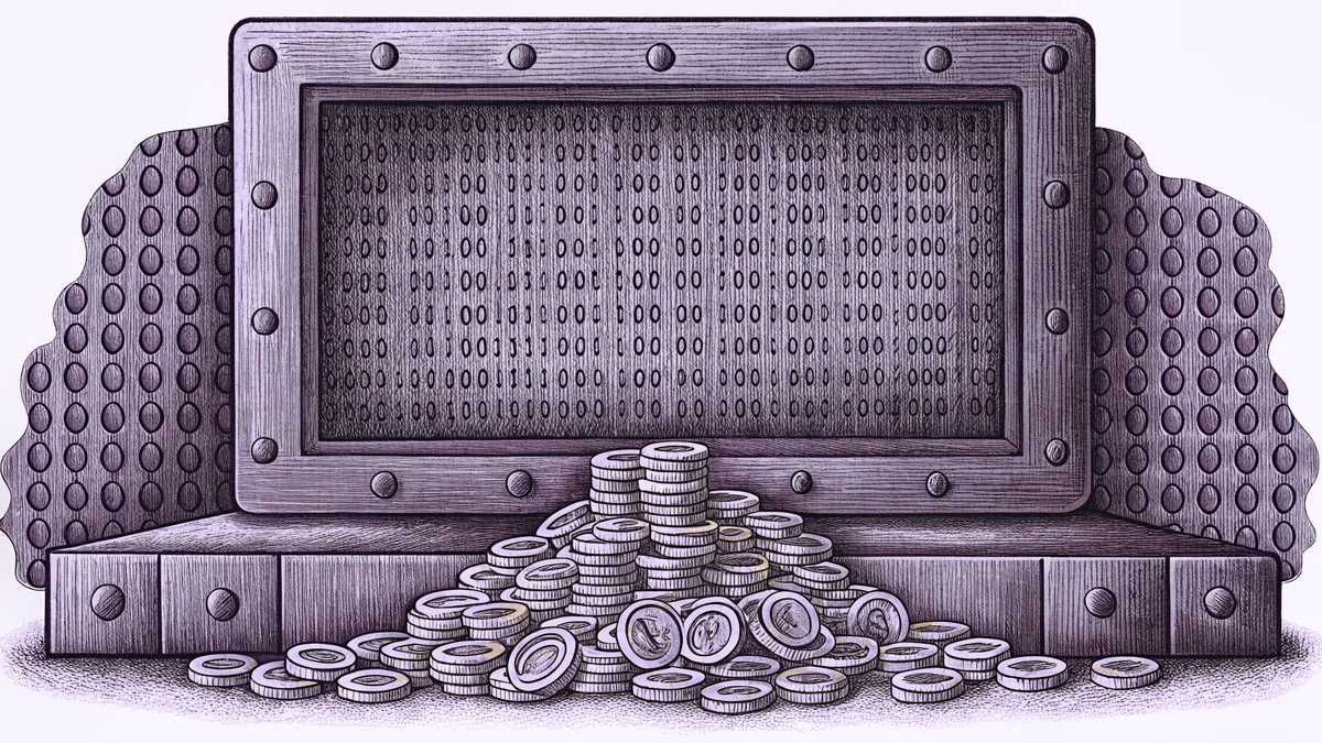 A computer terminal displays encrypted codes beside gold coins.