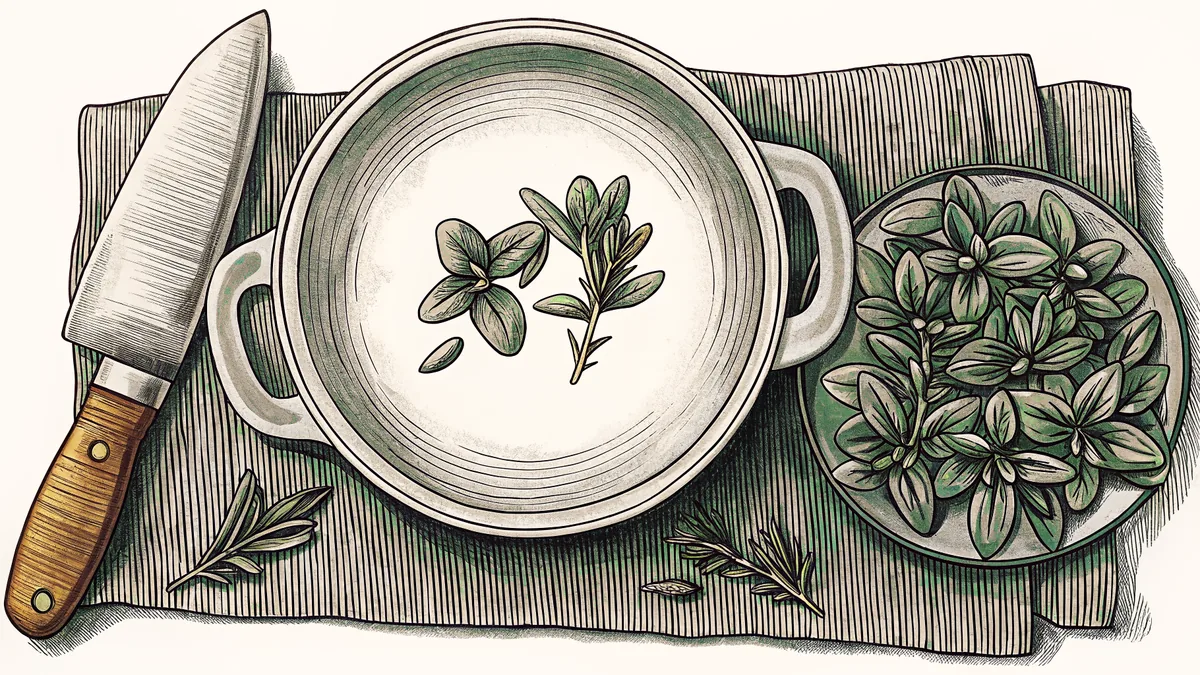 A chef's knife rests beside a saute pan and a simmering stockpot with fresh herbs.