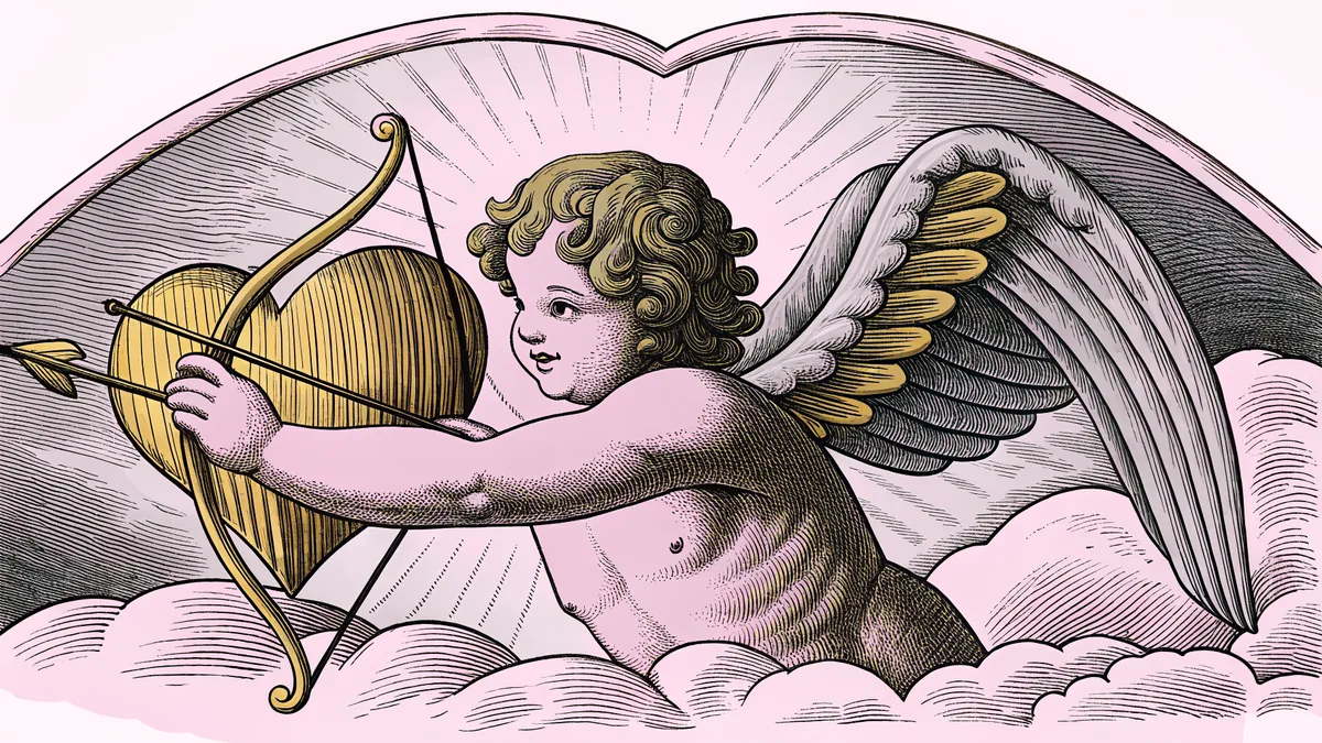 A cherubic Cupid aims his arrow at a floating golden heart.
