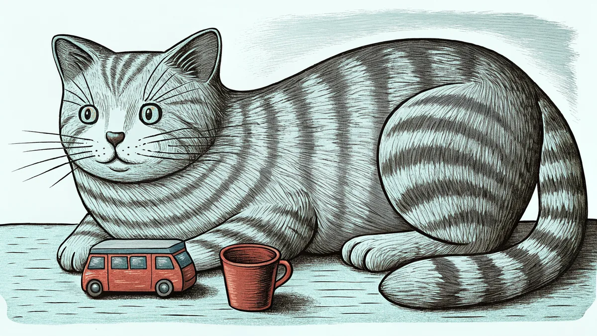 A striped cat naps beside a toy bus and a red cup in warm sunlight.