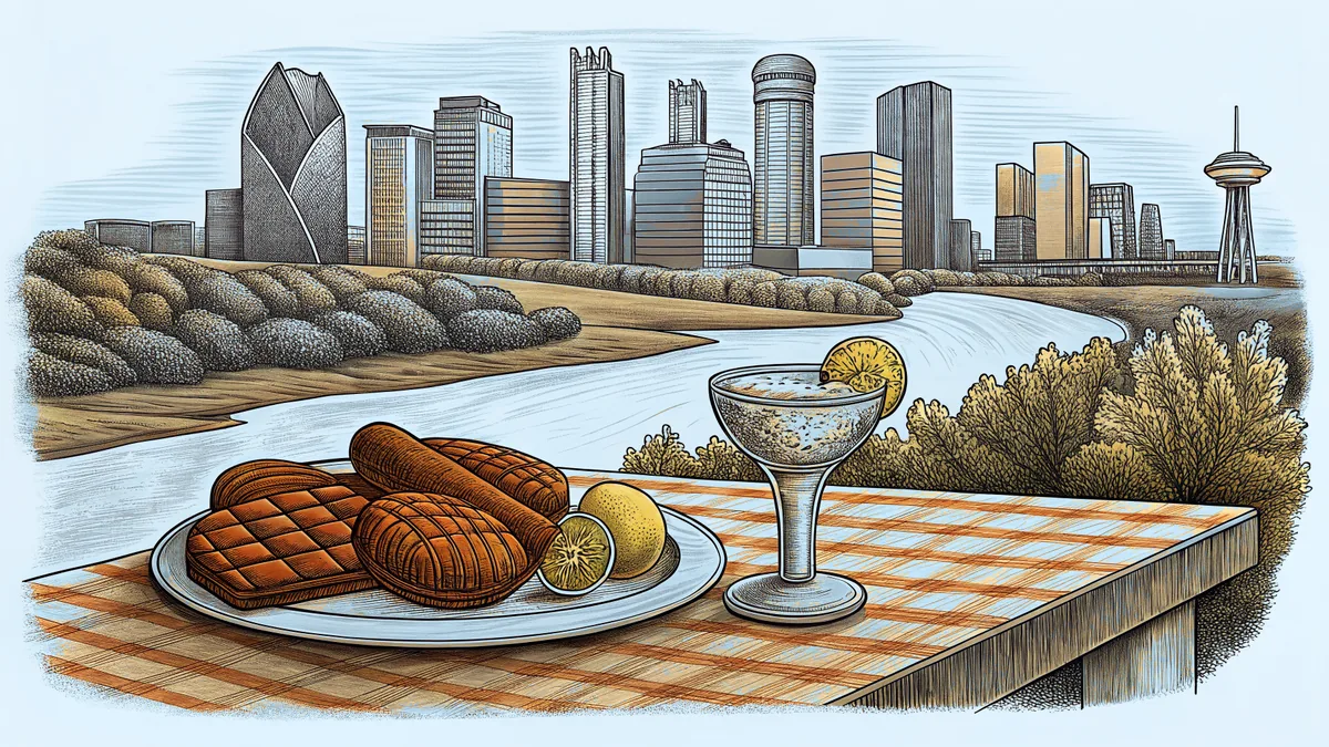 Dallas urban landscape with BBQ culture and cowboy heritage represented.