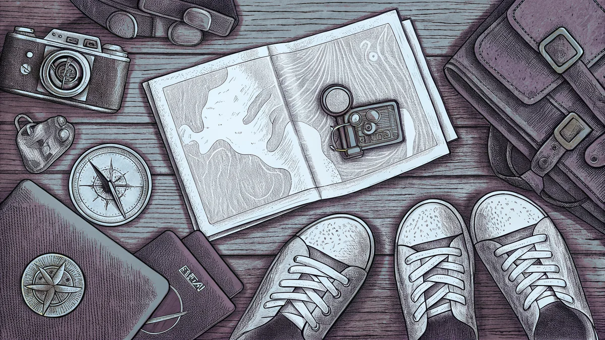 A compass and travel documents suggest adventures to dangerous and distant lands.