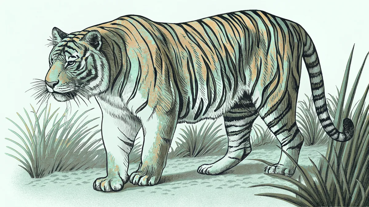 A stalking tiger walks through tall grass beneath mountains and trees.