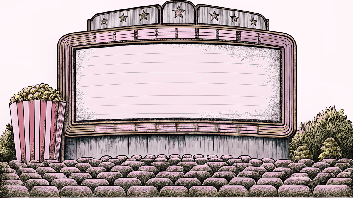 A small-town movie theater marquee stands above a popcorn counter with cinema seating inside.