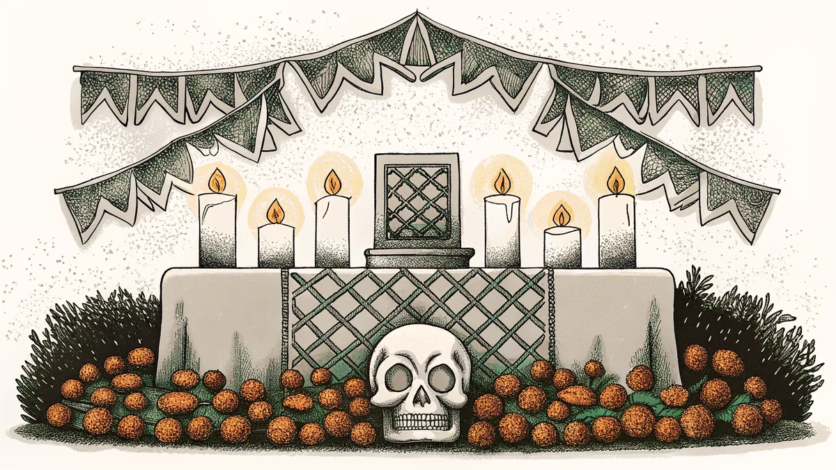A festive altar decorated with marigolds, candles, and colorful paper ornaments.