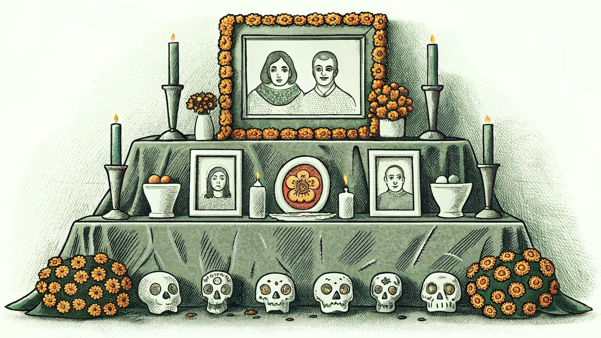 A Day of the Dead altar with marigolds, candles, and photos.