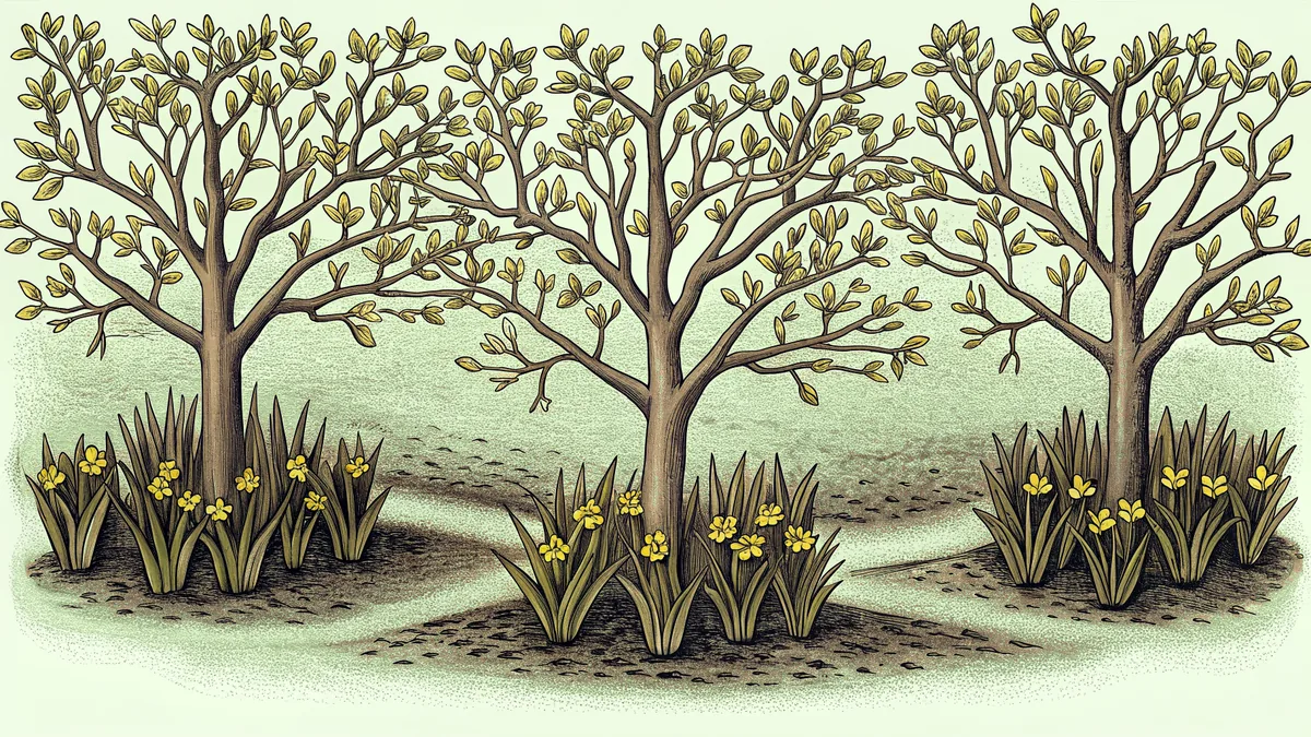 Garden with sprouting daffodils and fresh buds in muddy spring earth.