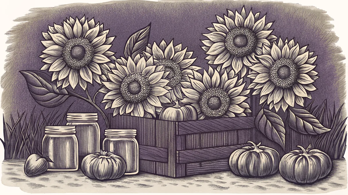 Tall sunflowers lean above a wooden crate of tomatoes and peaches set beside empty glass canning jars.