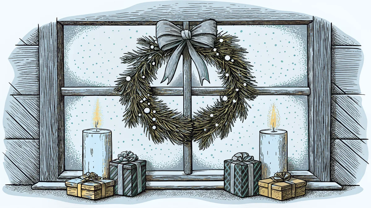 A holiday wreath above wrapped gifts and lit candles in winter snow.