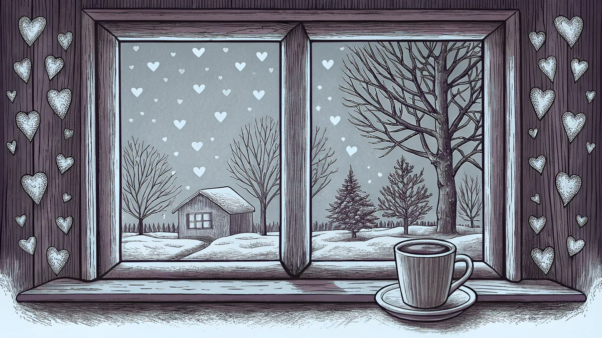 A gray February day with paper hearts at the window and slush outside.