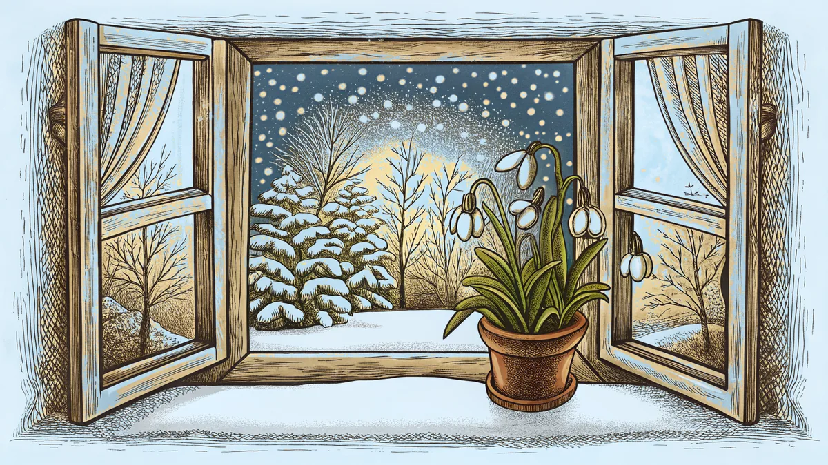 A frosted winter window with sleet outside, potted snowdrop, and cozy warmth.