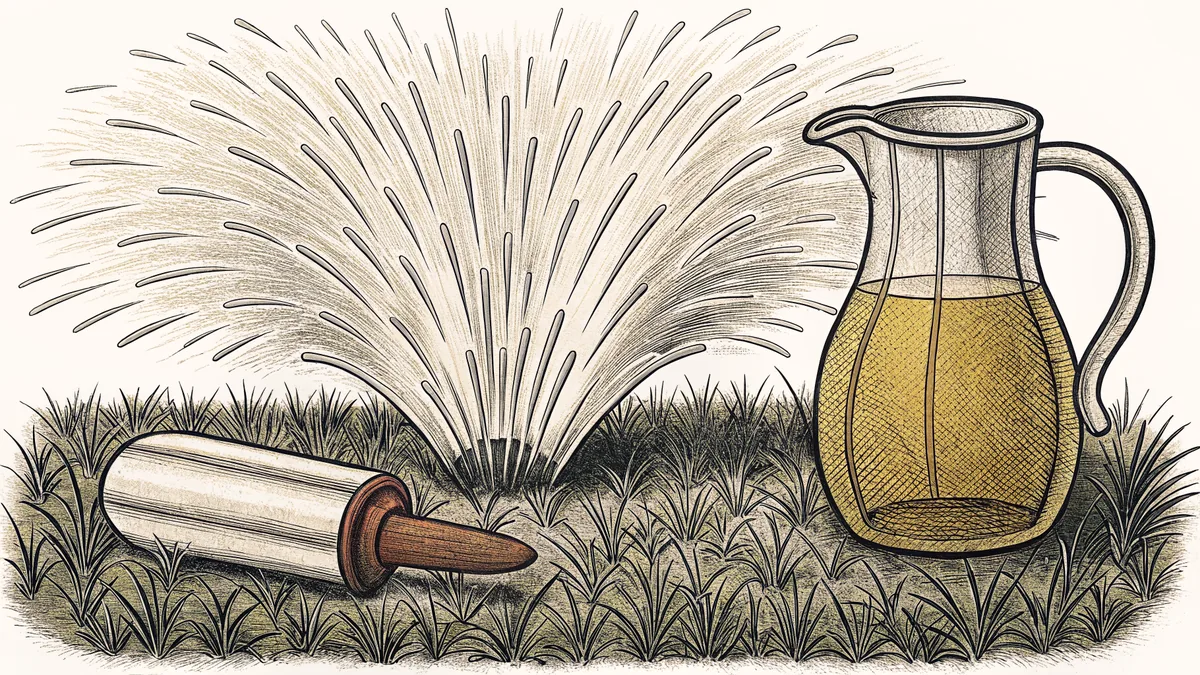 A garden sprinkler throws an arc of water past a dripping popsicle and a frosted pitcher of lemonade.