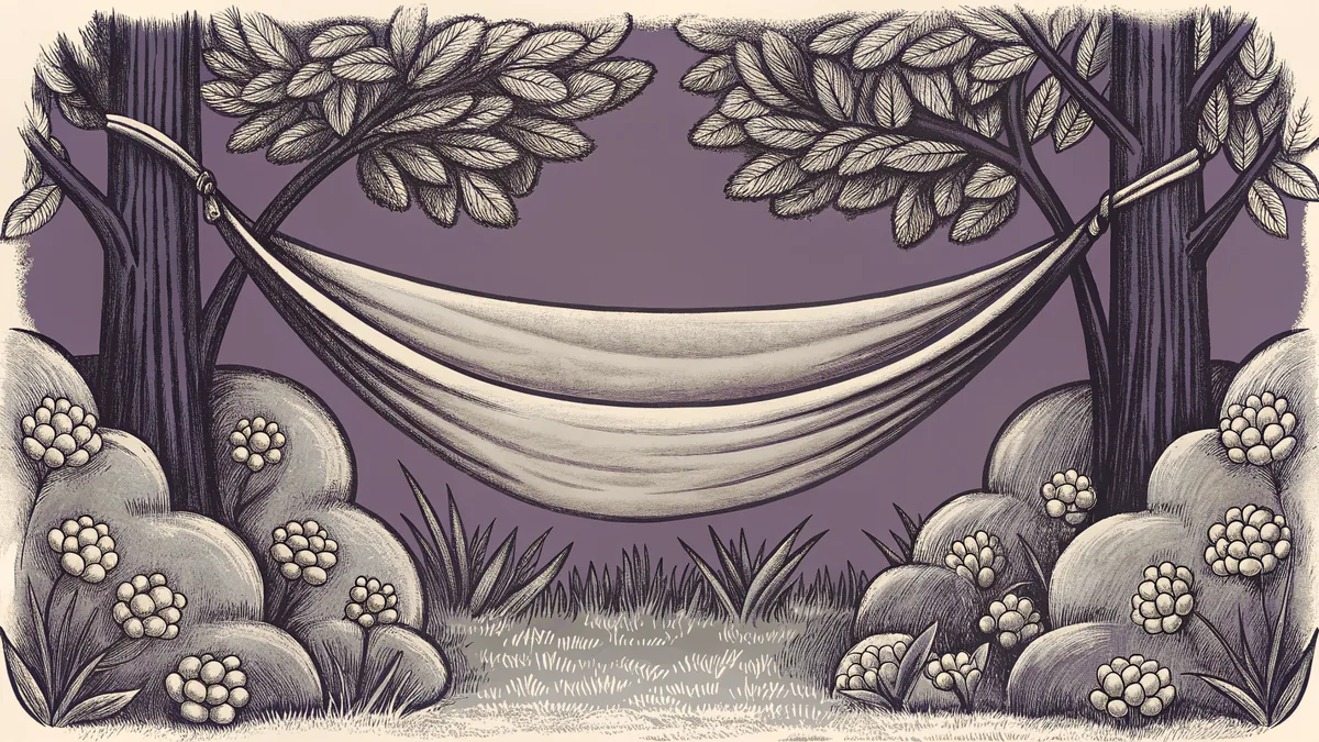A canvas hammock hangs between two trees near a cluster of peonies and a basket of strawberries.
