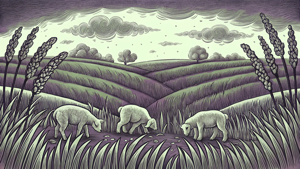Spring field featuring sprouting shoots, seeds being sown, young lambs, and breezy winds.