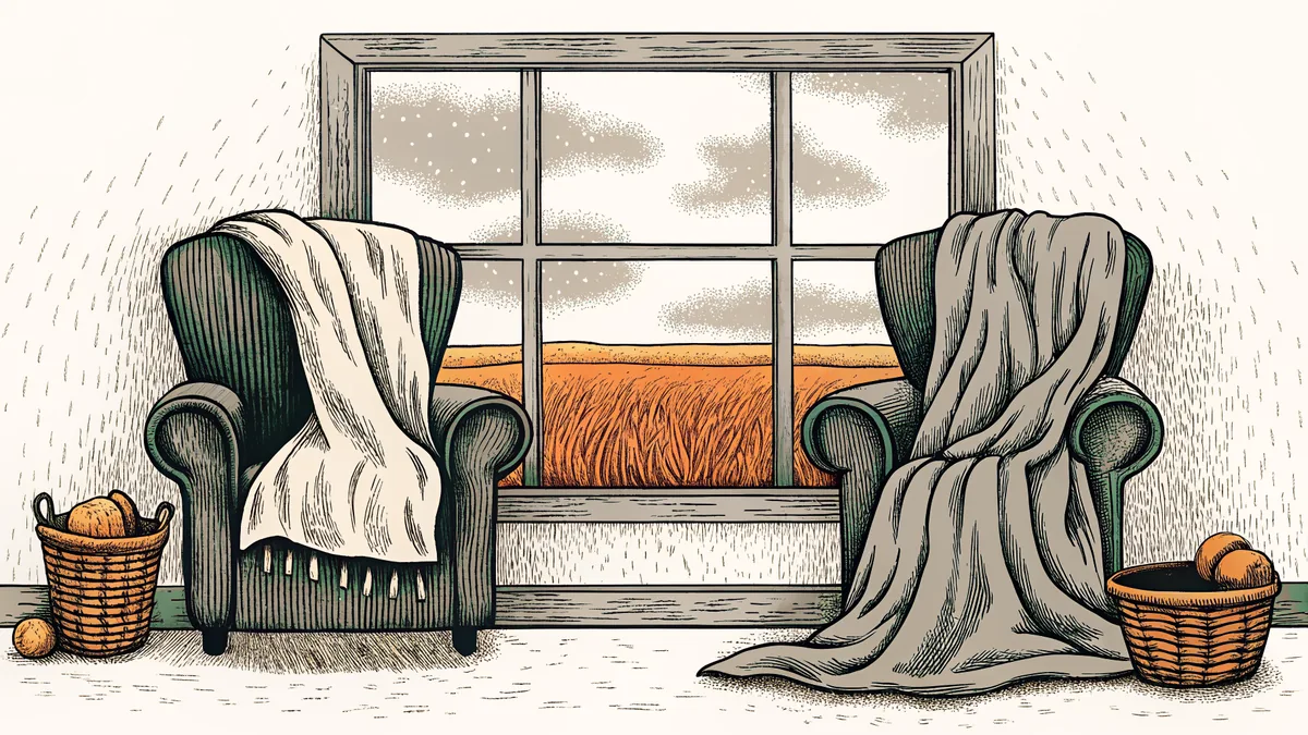 A cozy fireside with wool sweaters draped nearby, drizzle outside, and harvested fields.
