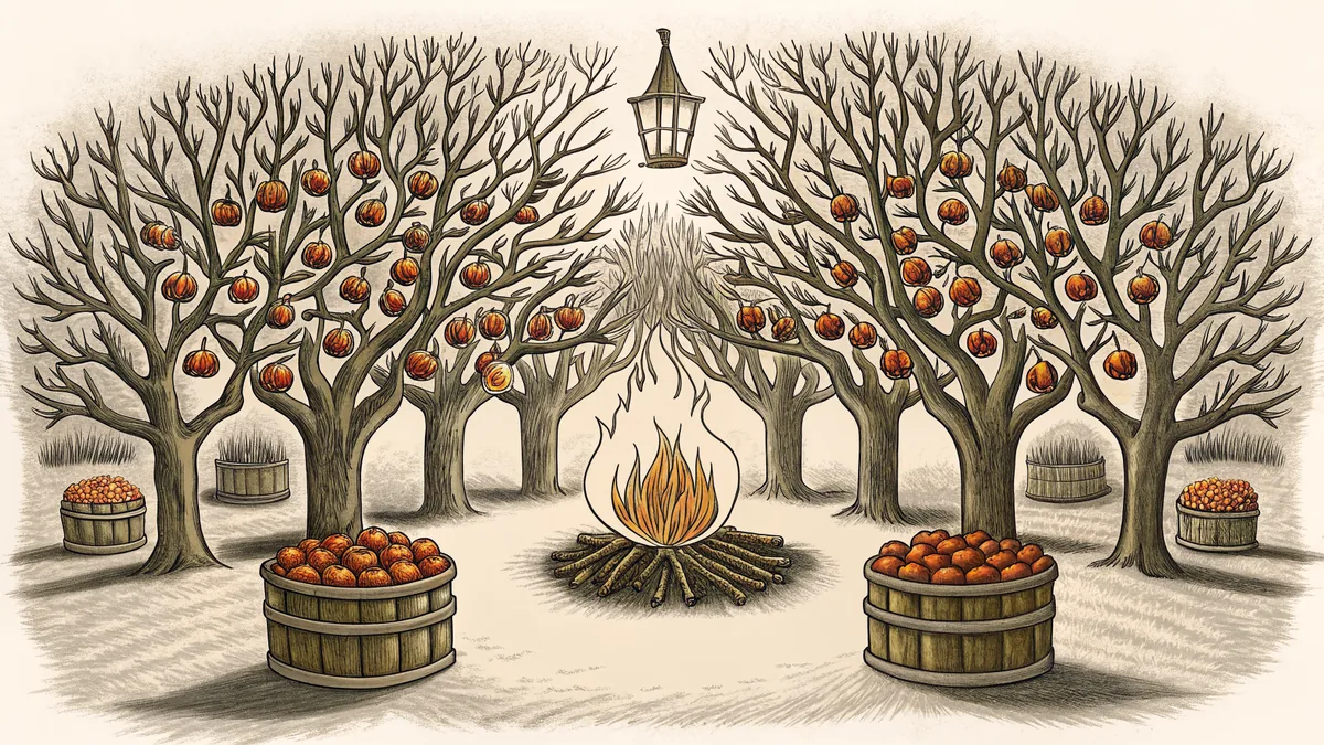 Glowing at harvest time, an autumn orchard shines with bonfire and lantern light
