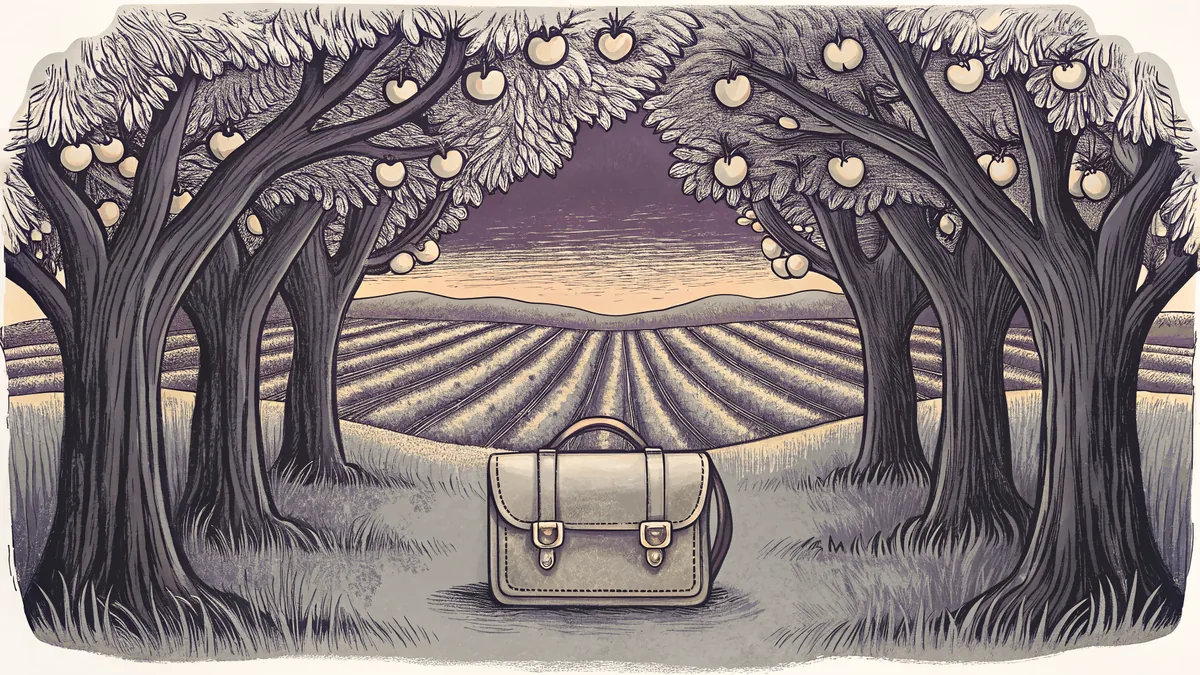 An orchard with ripening fruit, golden stubble fields, school satchel, and autumn colors.