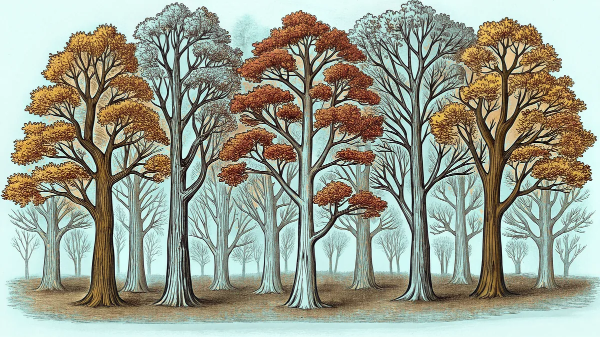 Ancient oak and maple trees tower with blazing orange and gold autumn leaves overhead.
