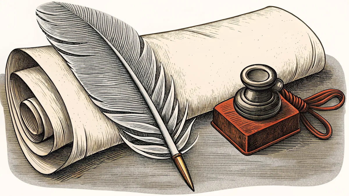 A goose-feather quill and a stoppered inkwell beside a wax block and its stamp handle, with a blank rolled parchment behind them.