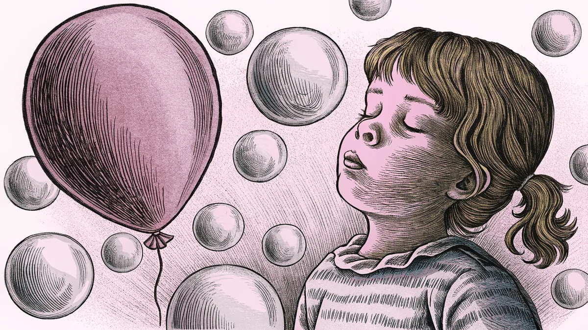 A child blowing bubbles while holding a balloon, practicing deep breathing exercises.