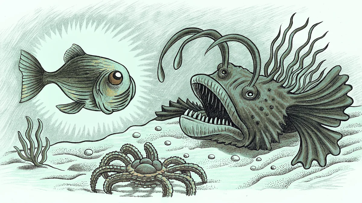 Otherworldly deep-sea creatures including bioluminescent anglerfish and giant spider crabs.