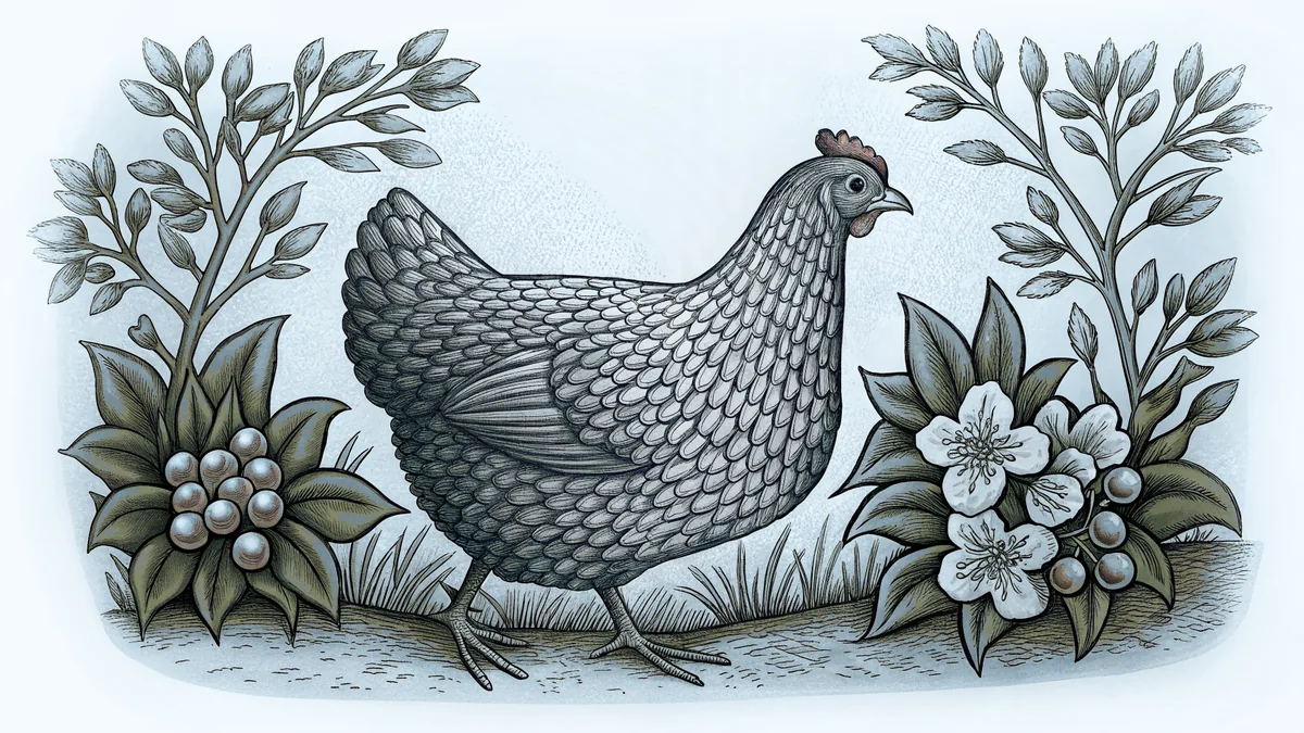A blue hen chicken with peach blossoms and American holly in springtime bloom.