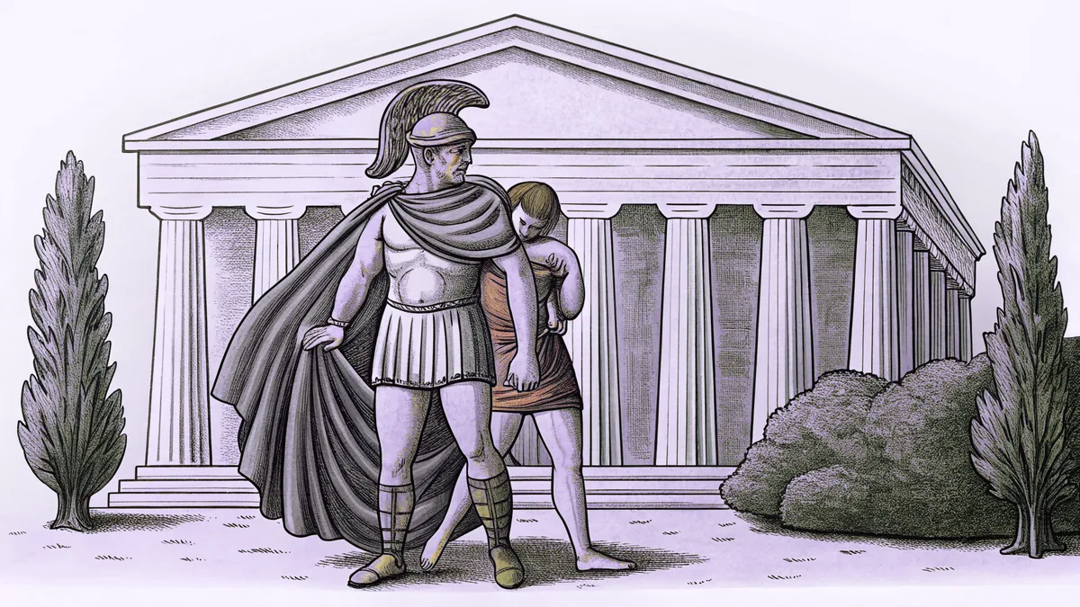 Classical Greek heroes including Heracles with a lion skin and Achilles in full armor.
